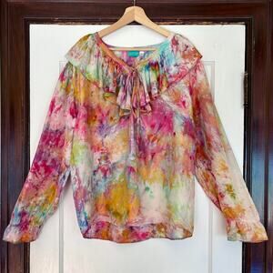 Chloe Cox Upcycled / Handmade Tie Dye Silk Ruffle Blouse- One Size, NWT